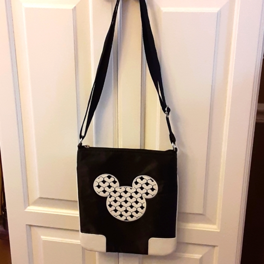 DISNEY Mickey Mouse black white shoulder bag crossbody faux leather 9.5"…EUC